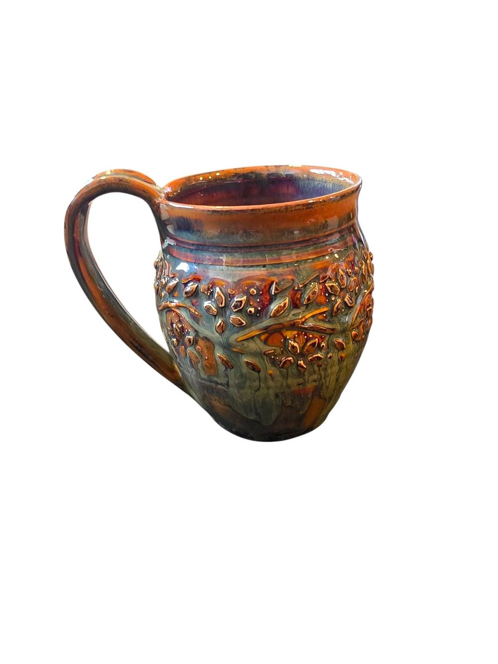 Studio Pottery Ceramic Coffee Tea Mug Leaf Pattern  Burgundy Green Color